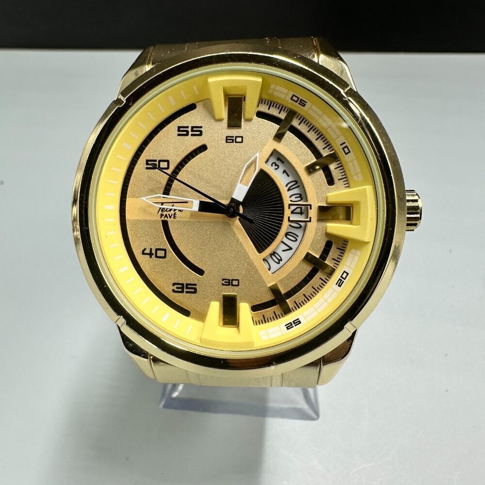 Techno Pave Watch Men Gold Tone Date Window 46MM Case New Battery 7.25"